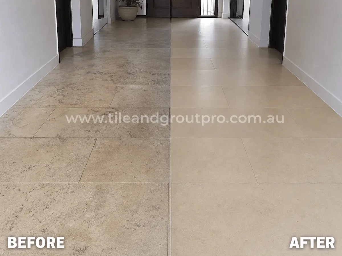 Before and after view of a hallway travertine tile floor with faded color, surface wear, and dull stone texture refinished using stone honing.