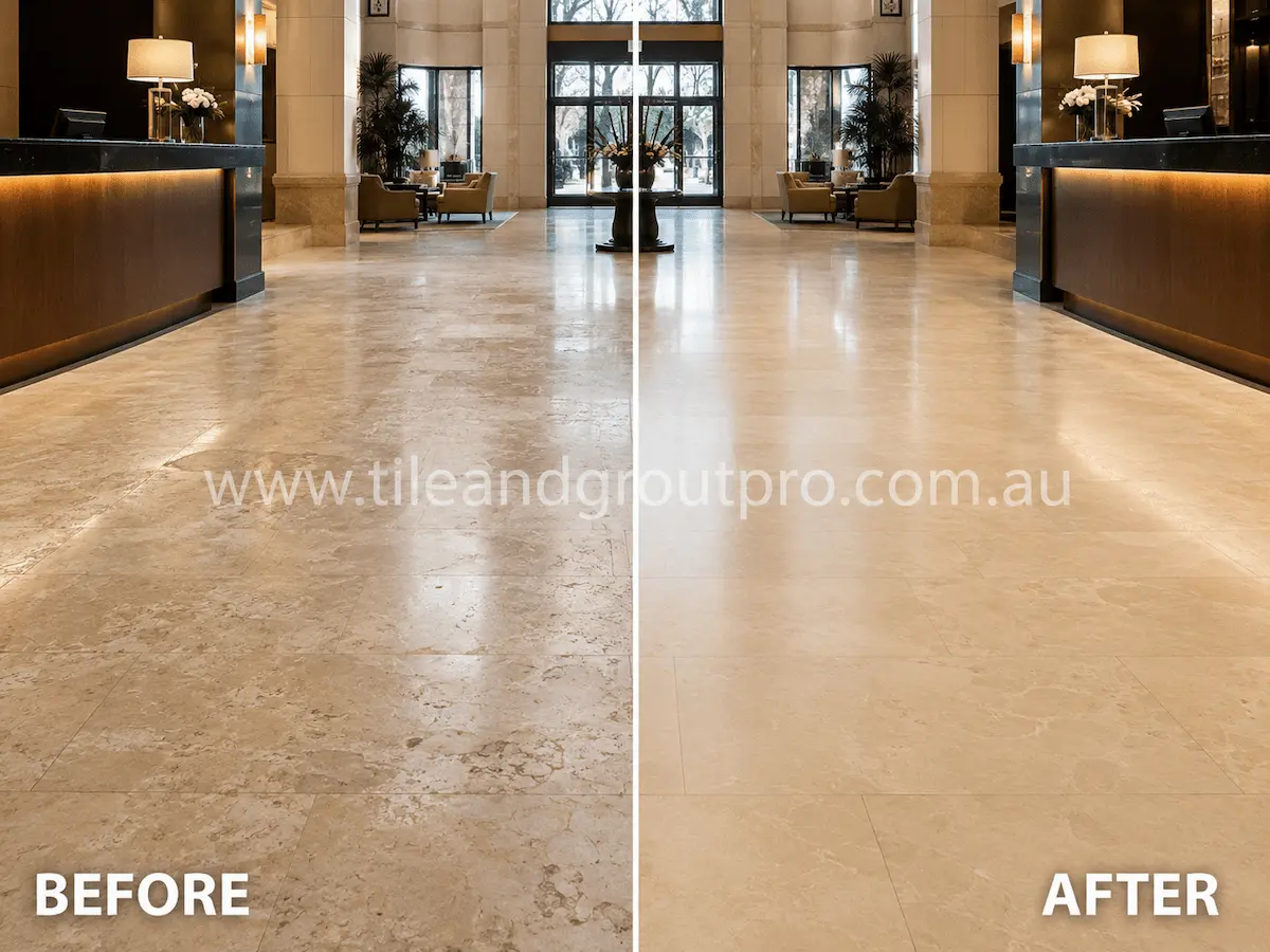 Before and after view of a hotel lobby marble floor with dull traffic areas, etching, and uneven sheen restored through expert stone honing.