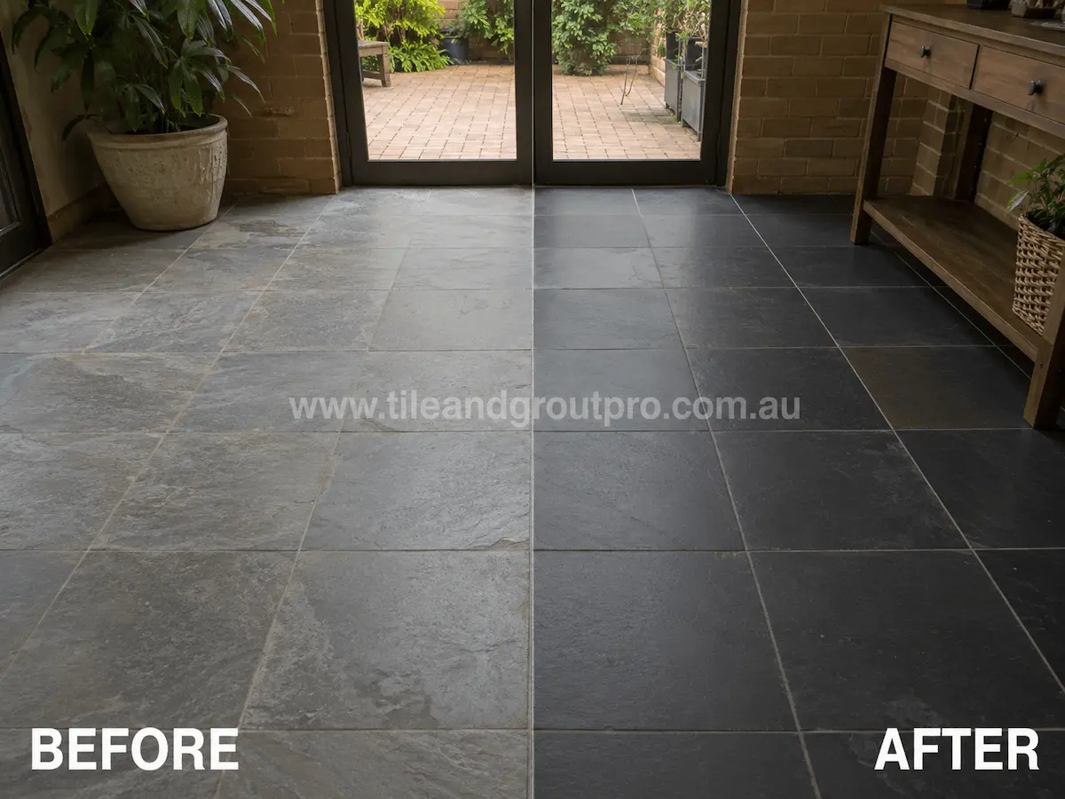 Before and after view of an indoor slate tile floor with dull patches, faded finish, and uneven appearance refinished using stone honing.