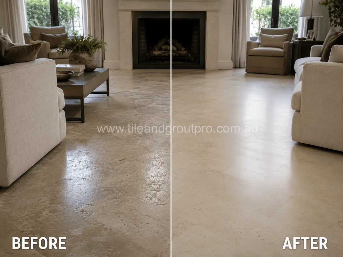 Before and after view of a living room limestone floor with dull finish, etched patches, and worn traffic areas restored through professional stone honing.