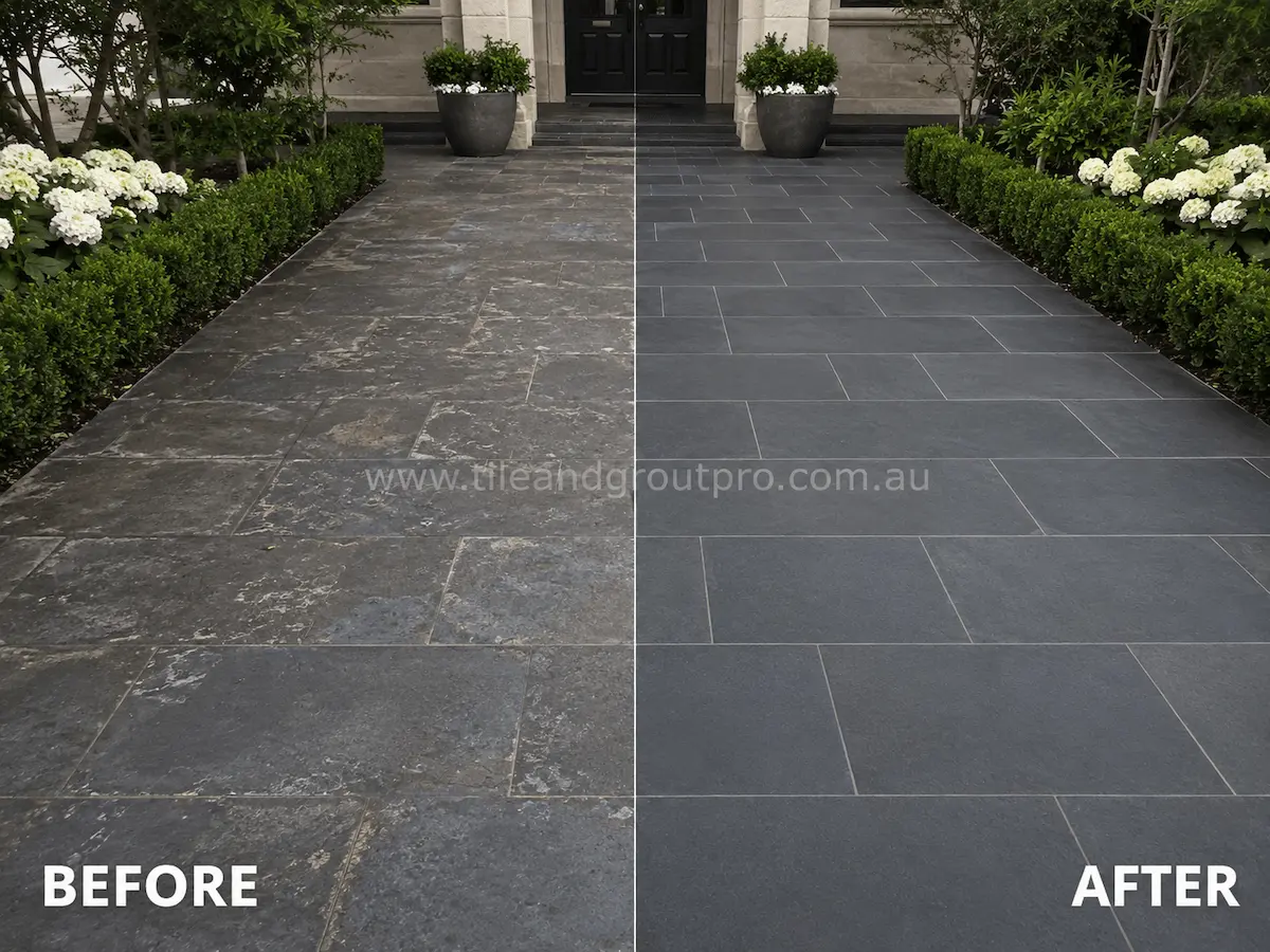 Before and after view of an outdoor bluestone pathway with weathered patches, faded finish, and surface wear professionally restored using stone honing.