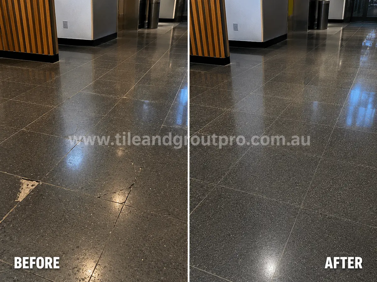 Before and after view of a commercial terrazzo hallway floor with visible cracking and broken tile sections restored through tile replacement.