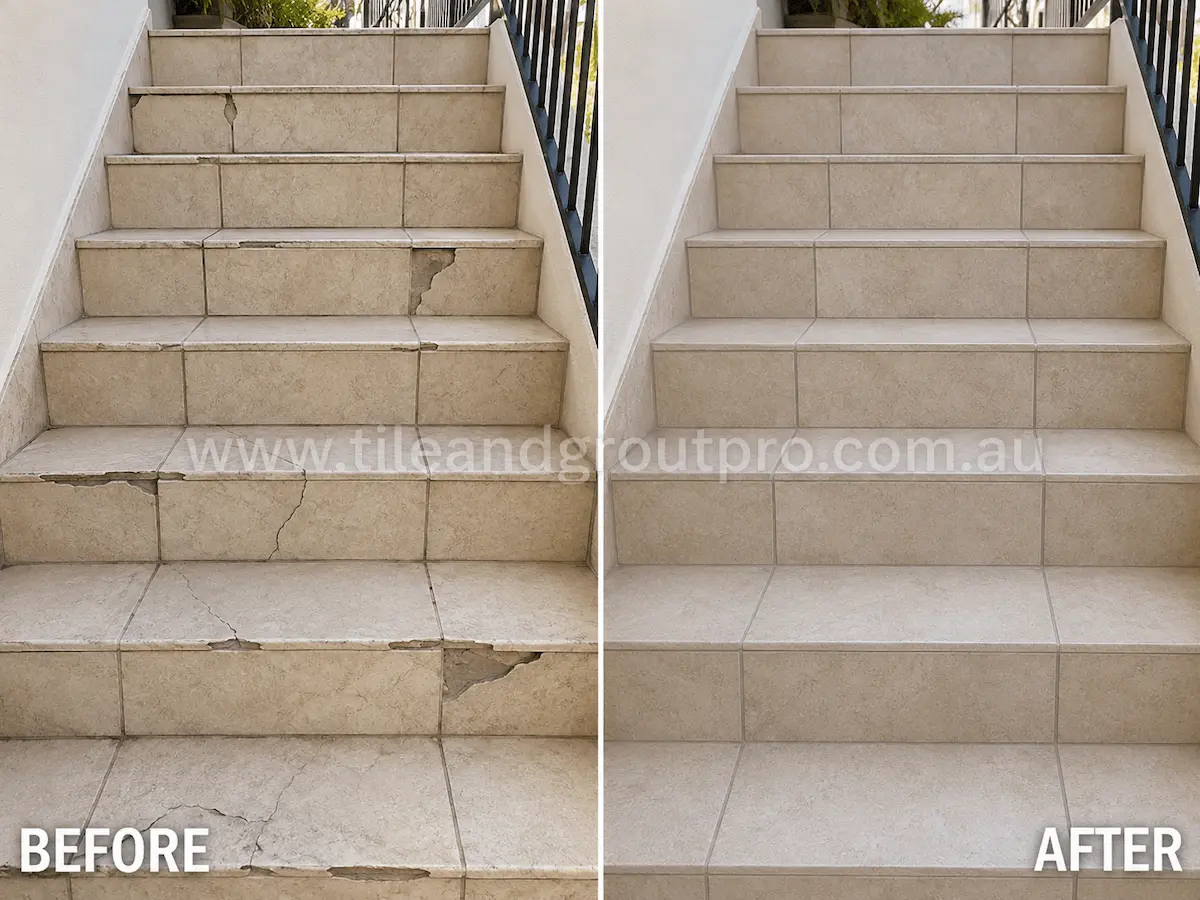 Before and after view of exterior tiled stairs with cracked risers, chipped stair edges, and broken ceramic tiles professionally repaired through tile replacement.