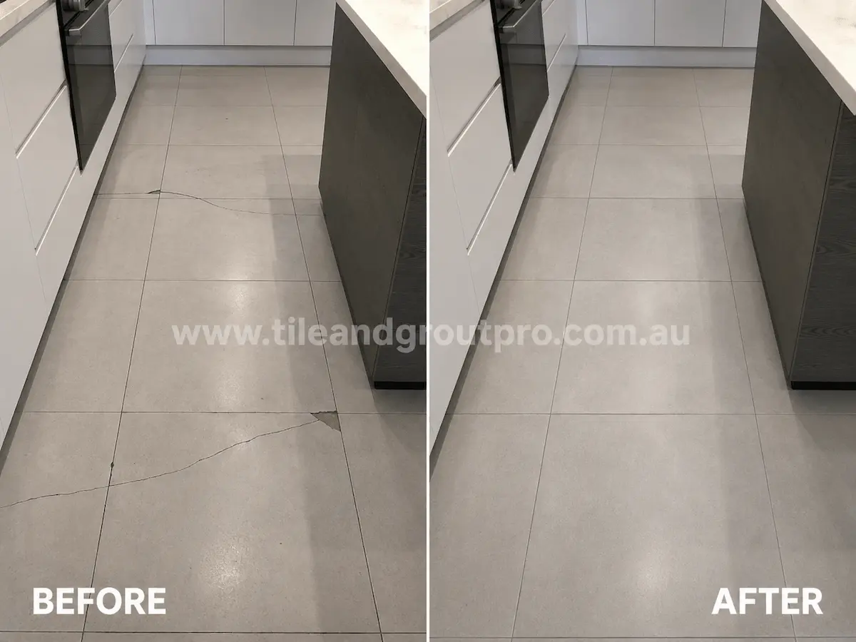 Before and after view of modern kitchen porcelain floor tiles with long visible cracks and chipped tile edges repaired using tile replacement.