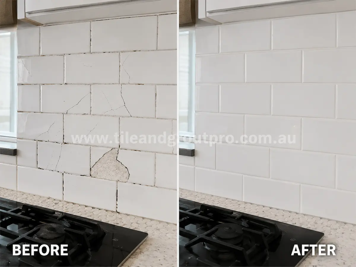 Before and after view of a kitchen subway tile backsplash with cracked white ceramic tiles, chipped sections, and aged grout restored using tile replacement.