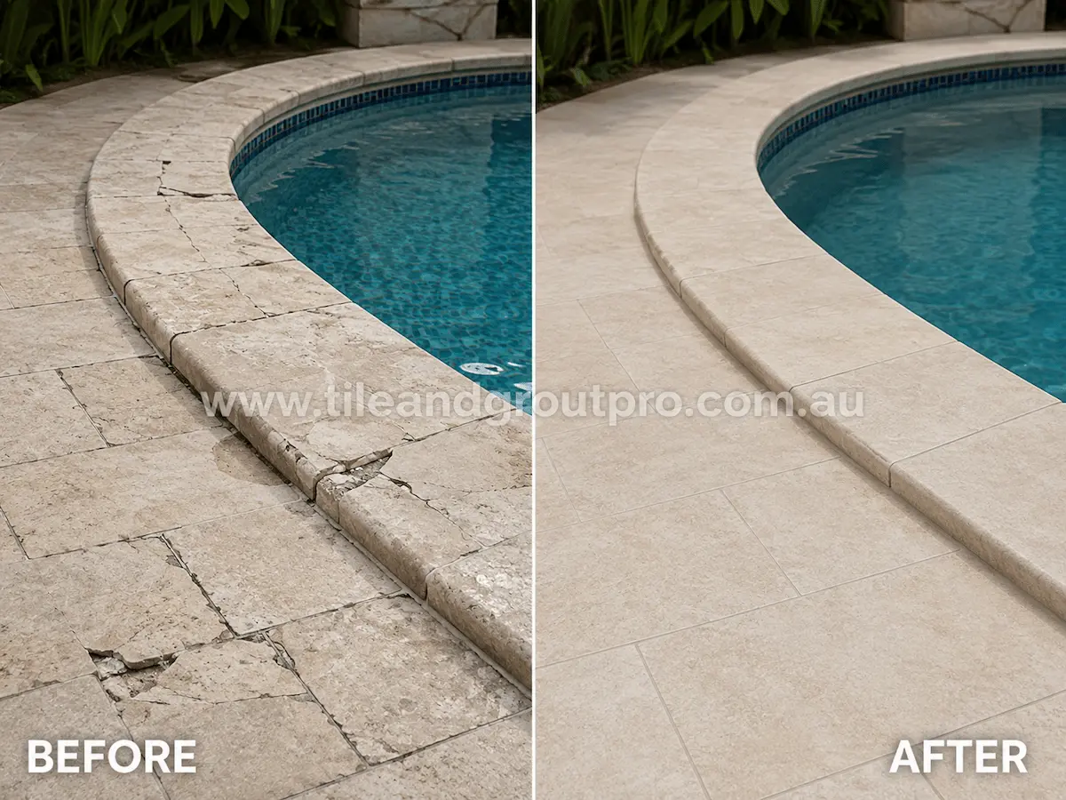 Before and after view of poolside travertine pavers with cracked coping, broken edges, and uneven stone sections repaired using tile replacement.