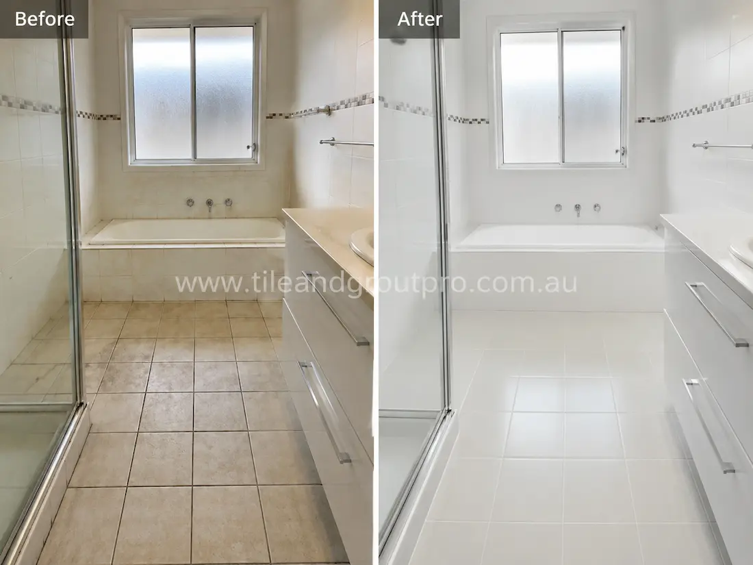 Bathroom with ceramic floor and wall tiles around a bathtub and shower area, showing aged surfaces, discoloration, and worn grout before tile resurfacing.