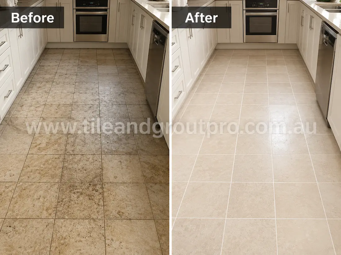 Light beige ceramic kitchen floor tiles with visible dirt accumulation, stained grout lines, and general wear in a residential kitchen before tile resurfacing.