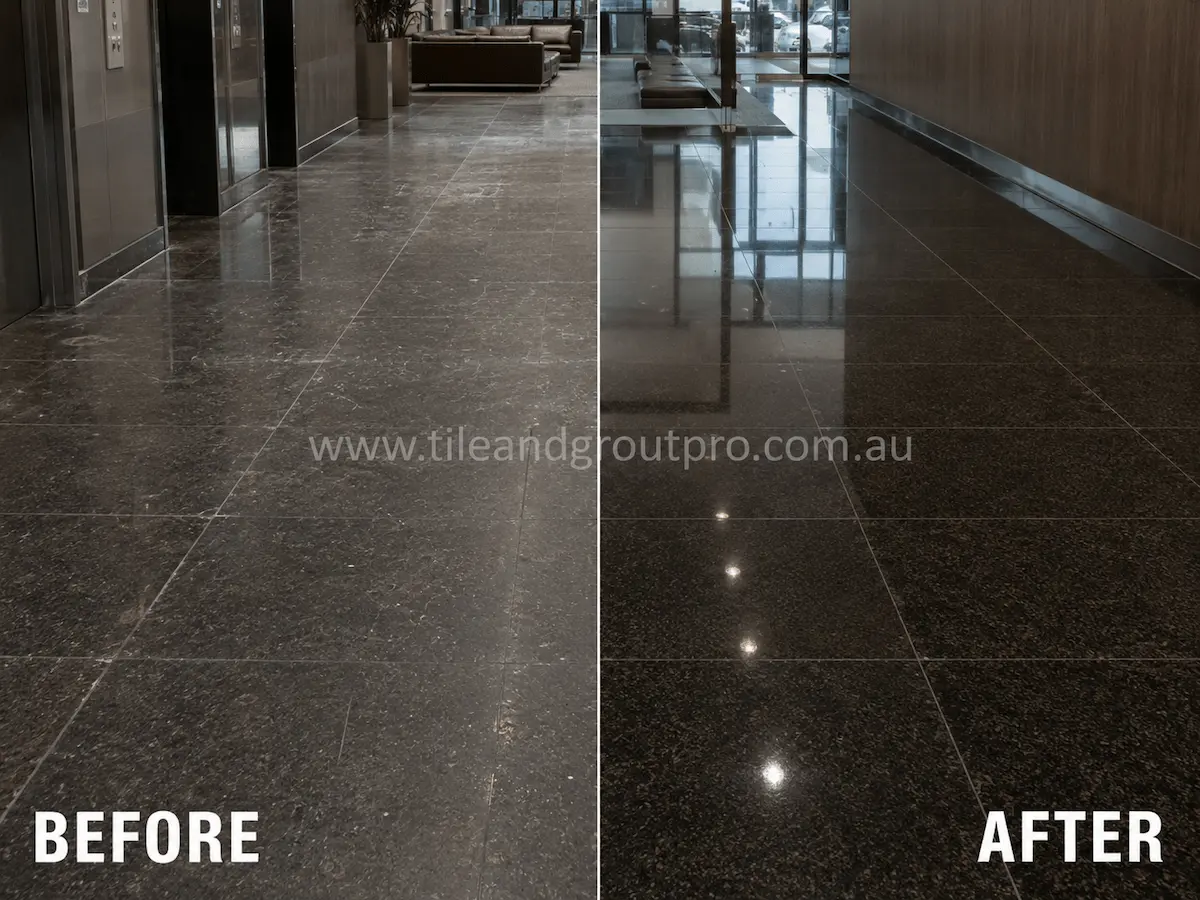 Before and after view of a commercial black granite hallway floor with dull patches, scratches, and heavy foot traffic wear restored through tile resurfacing.