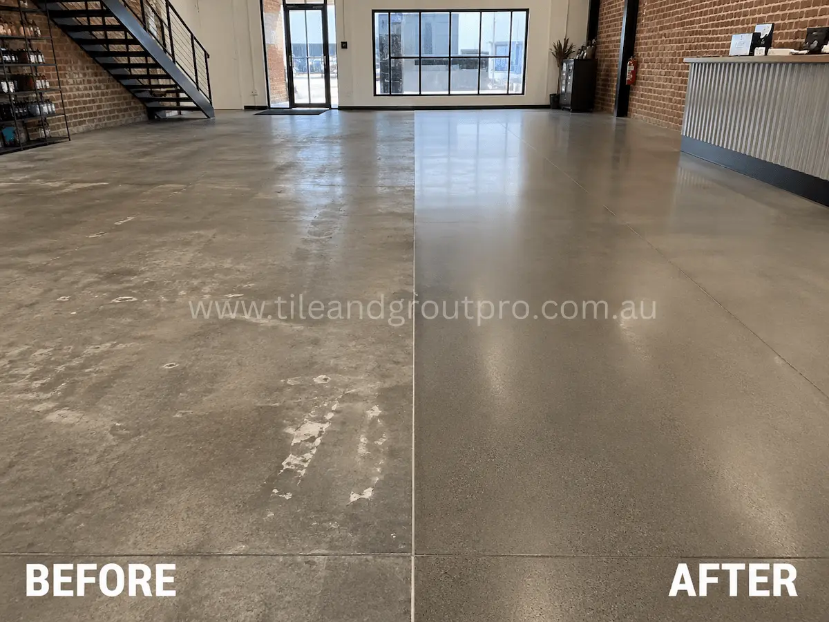 Before and after view of a commercial marble lobby floor with dull finish, surface wear, and traffic marks restored through professional tile resurfacing.