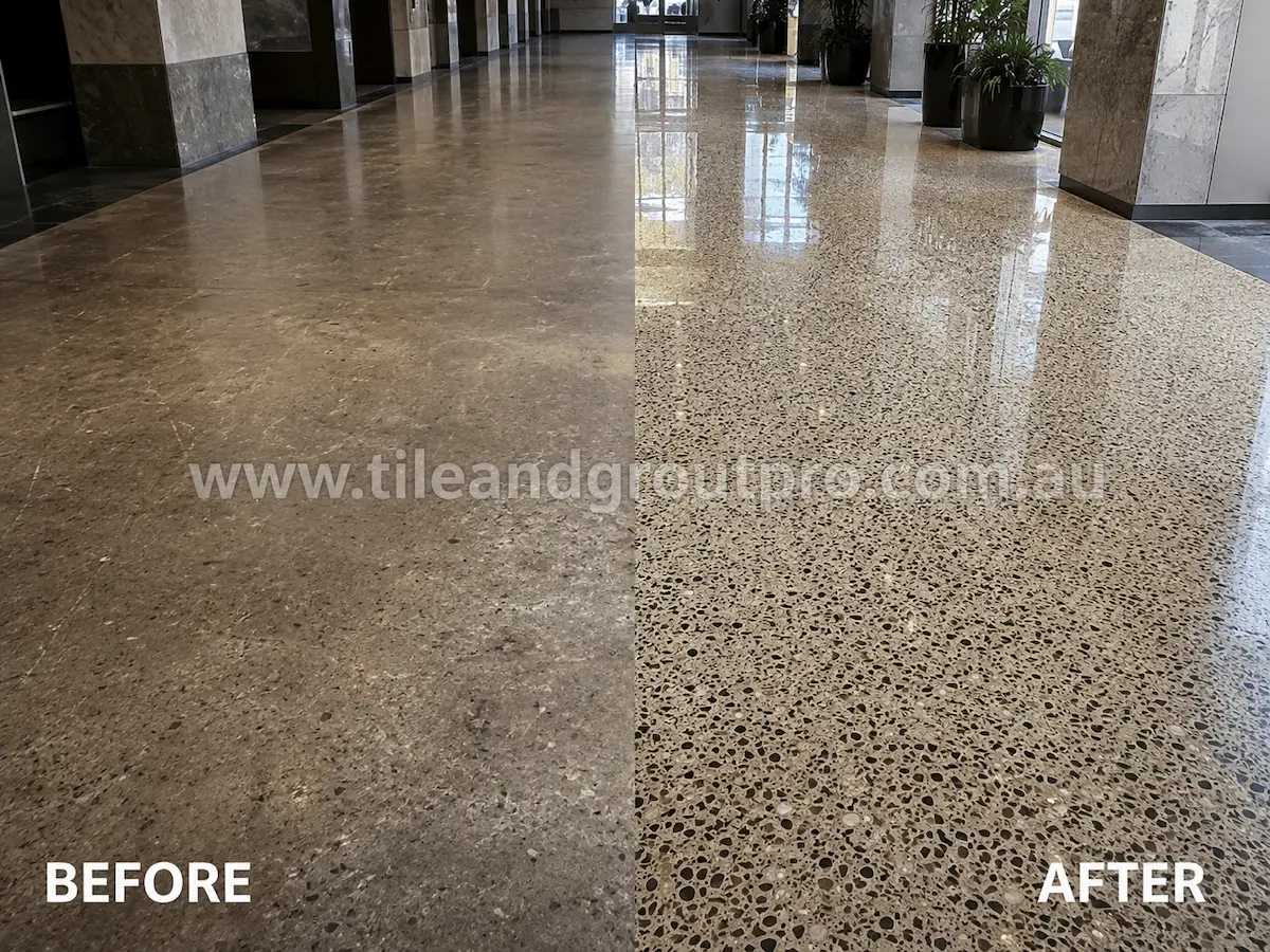 Before and after view of a commercial terrazzo hallway floor with scratches, dull aggregate surface, and heavy traffic wear restored through tile resurfacing.