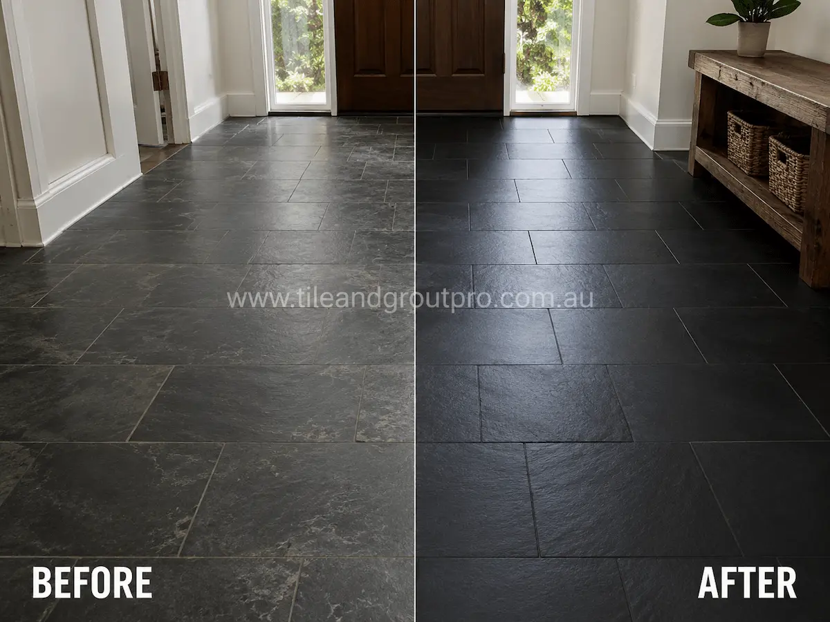 Before and after view of an indoor slate tile entry floor with dull finish, visible wear, and uneven coloration refinished using tile resurfacing.
