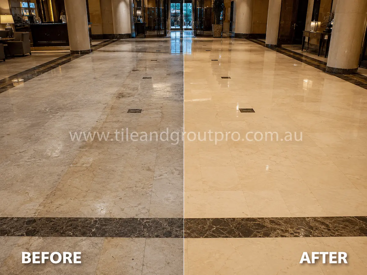 Before and after view of an industrial polished concrete floor with stains, scuff marks, and worn finish restored through tile resurfacing.