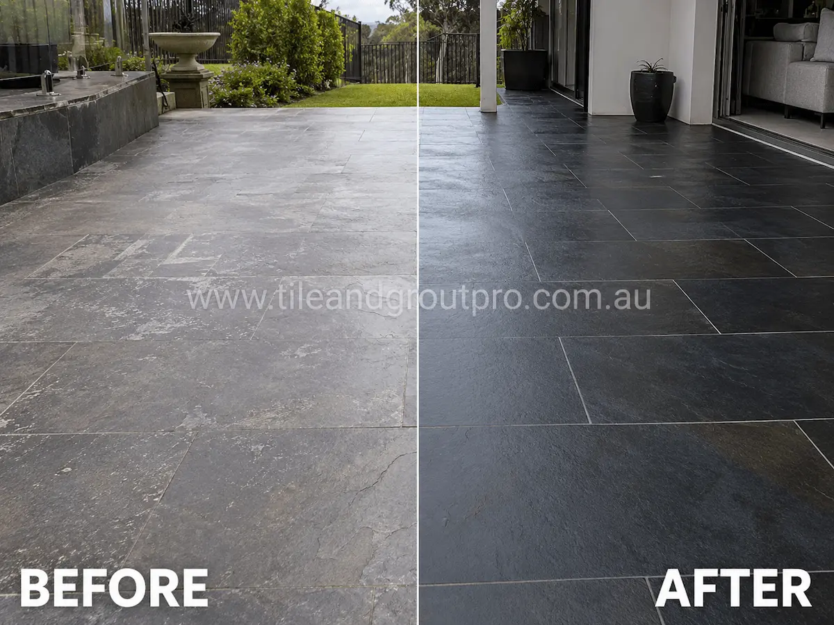 Before and after view of outdoor slate patio tiles with faded finish, weather damage, and worn surface appearance restored through tile resurfacing.