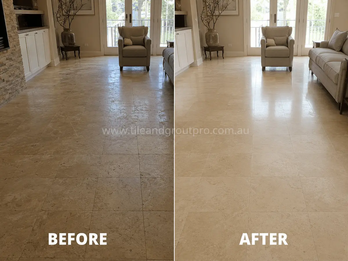 Before and after view of residential travertine living room tiles with faded appearance, etched surface, and uneven sheen refinished using tile resurfacing.