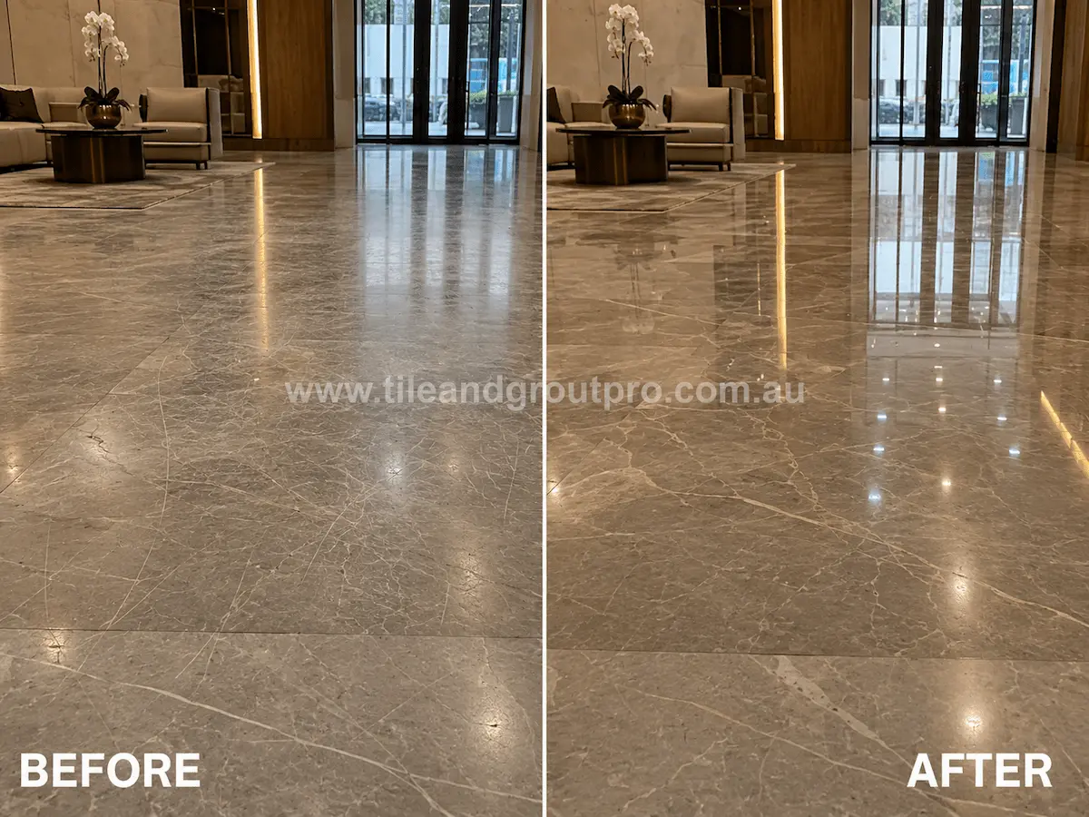 Before and after view of polished marble lobby floor tiles with extensive scratching and surface damage restored to a reflective finish through tile scratch removal.