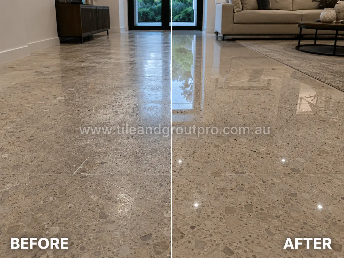 Before and after view of polished terrazzo living room floor tiles with heavy scratching and surface wear restored to a smooth glossy finish through tile scratch removal.