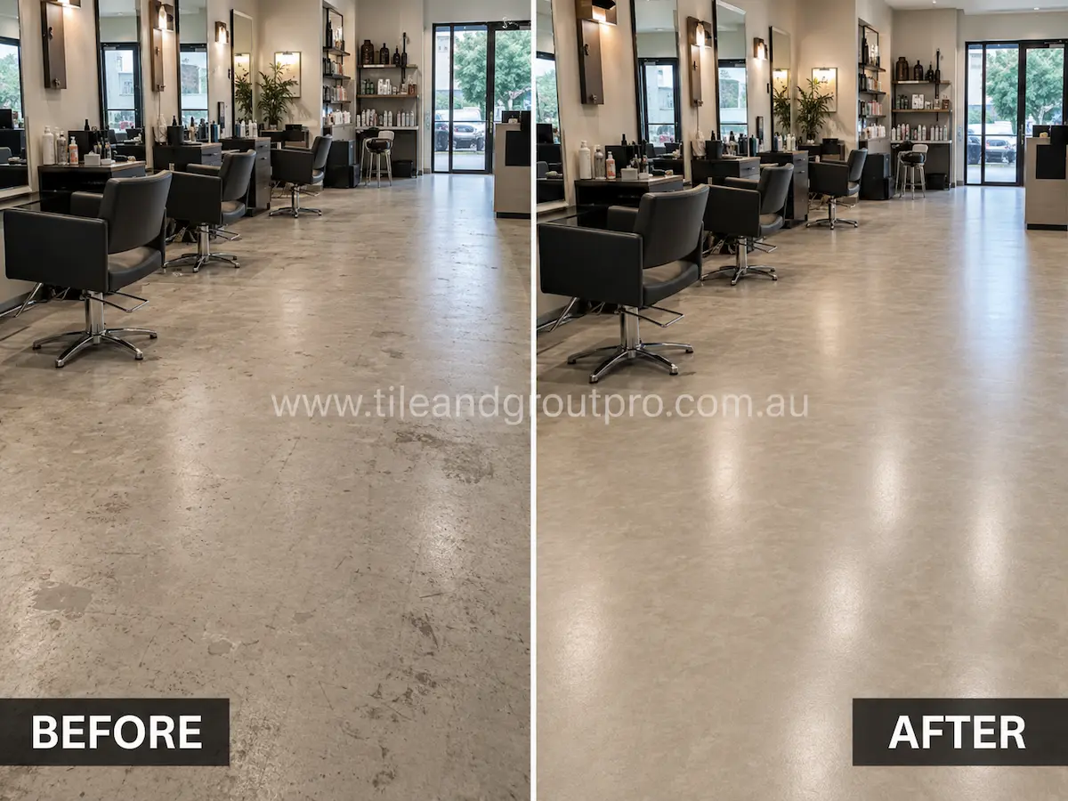 Before and after view of hair salon vinyl flooring with stains, scuffing, and dull patches restored through professional vinyl cleaning and sealing.