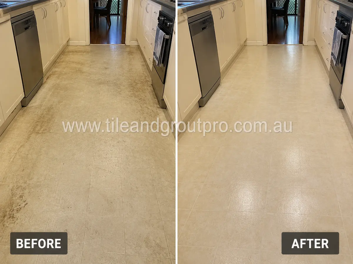 Before and after view of residential kitchen vinyl flooring with visible dirt, stains, and dull traffic wear restored through professional vinyl cleaning and sealing.