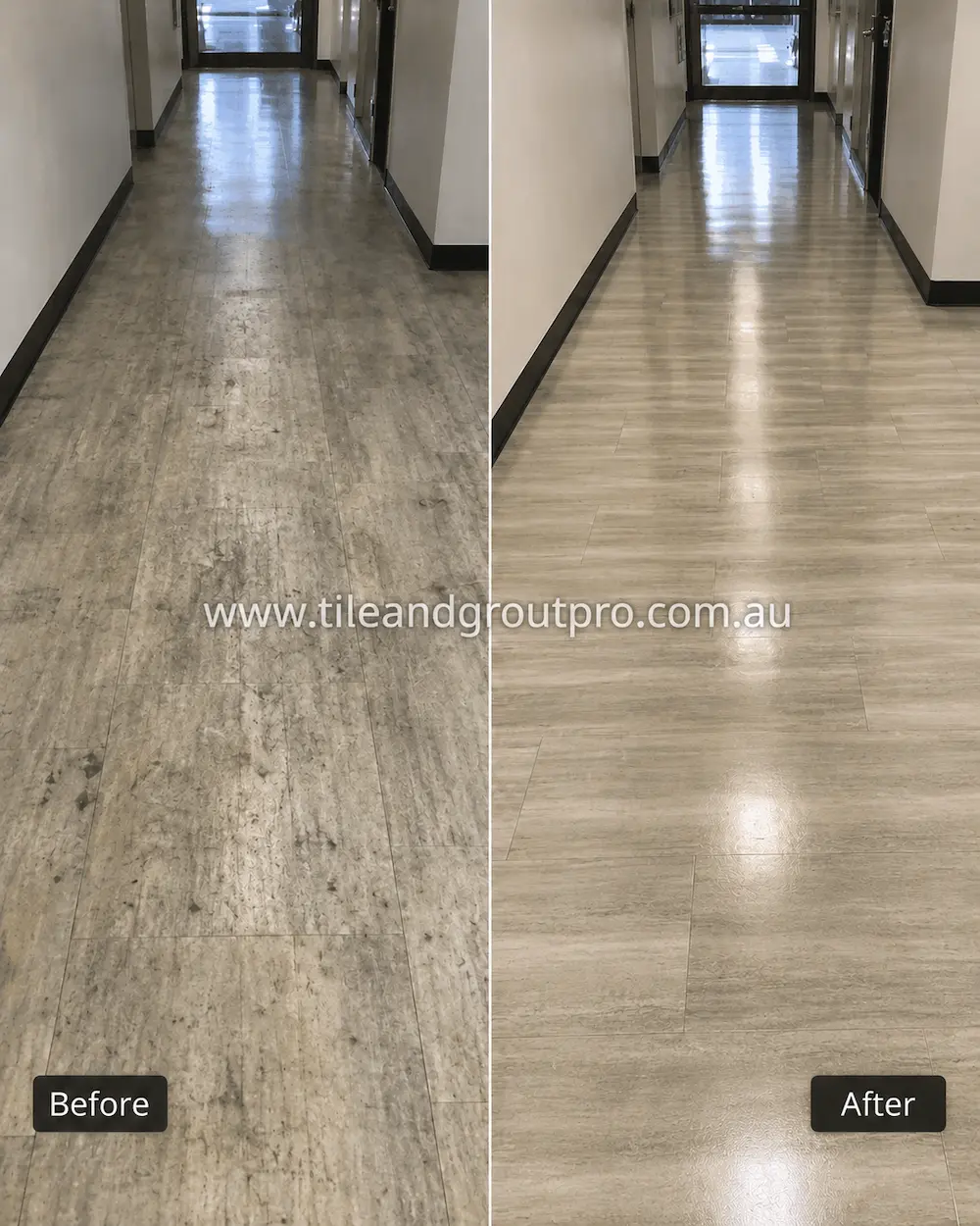 Before and after view of gray vinyl plank flooring in a commercial hallway with heavy foot traffic stains, dark scuffs, and worn finish restored through vinyl floors cleaning.
