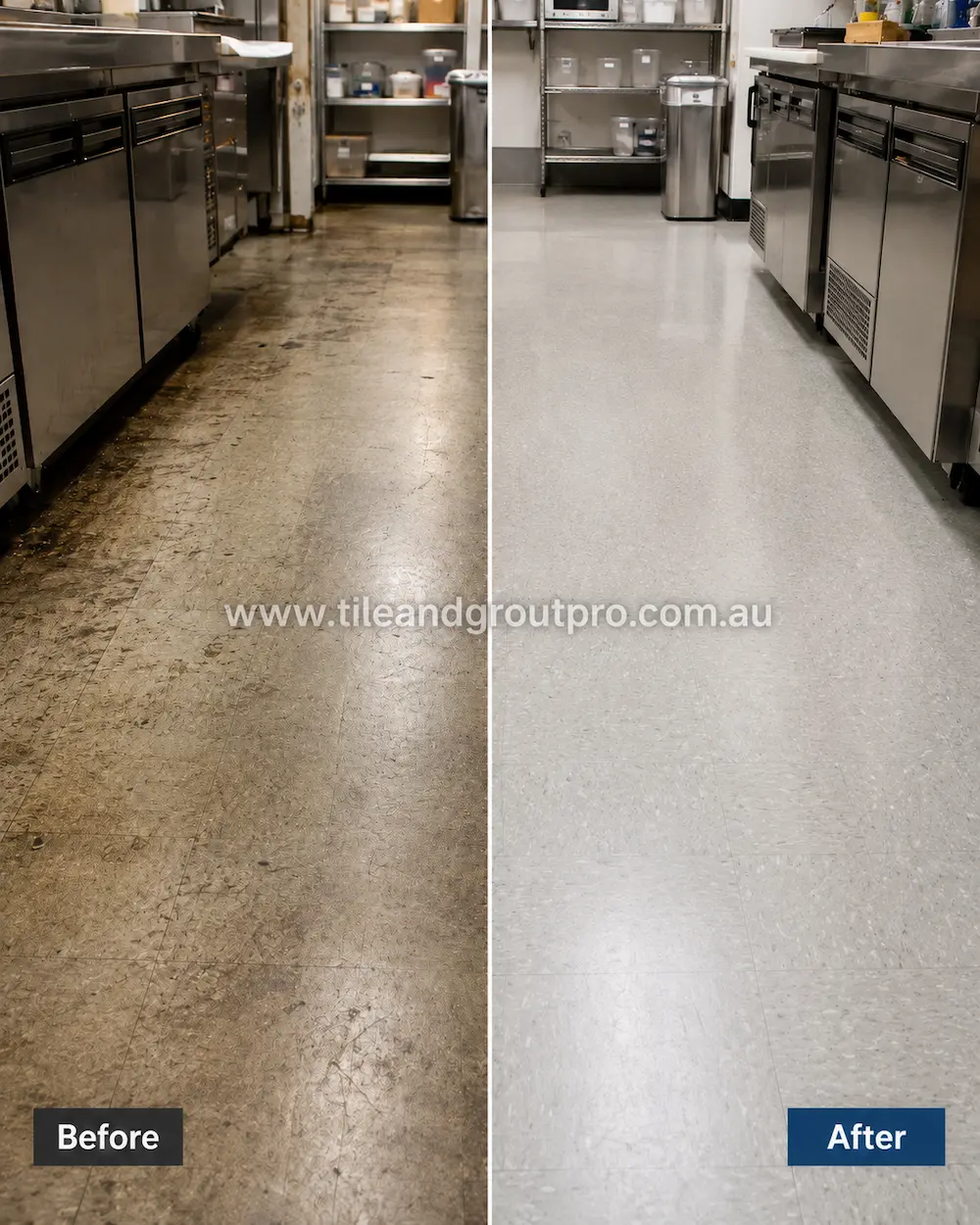 Before and after view of vinyl composition tile flooring in a commercial kitchen with grease buildup, dark stains, and heavy wear restored through vinyl floors cleaning.