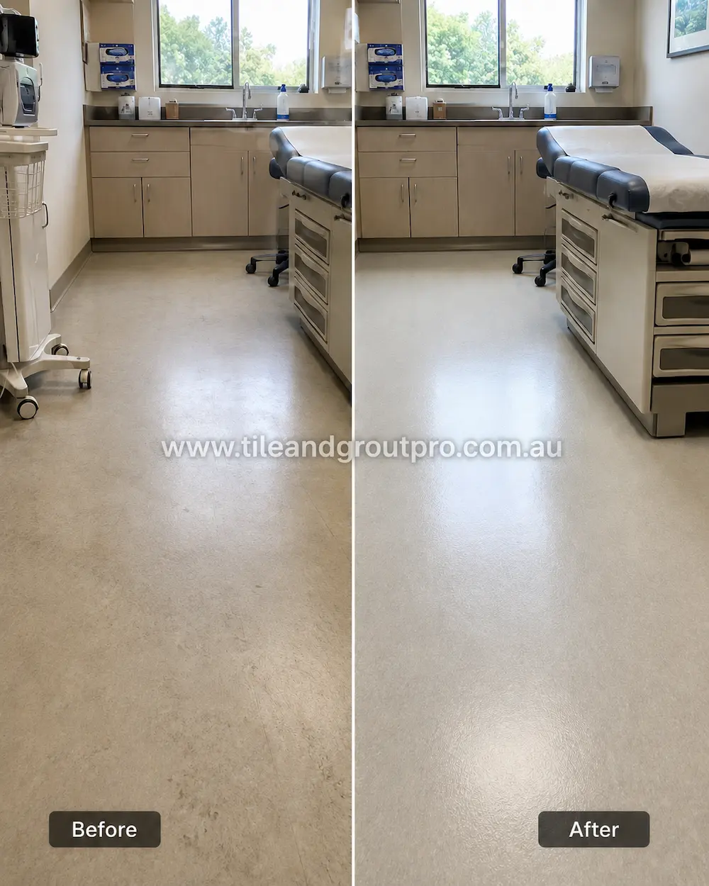 Before and after view of light beige vinyl flooring in a medical exam room showing dull traffic wear, scuff marks, and embedded grime before professional vinyl floors cleaning.